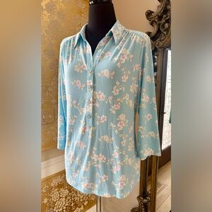 Charter Club Light Blue Floral Button Down Shirt Three Quarter Sleeves New